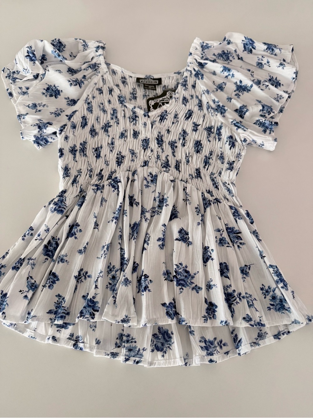 ANGIE Smocked Blue Floral Peplum Top